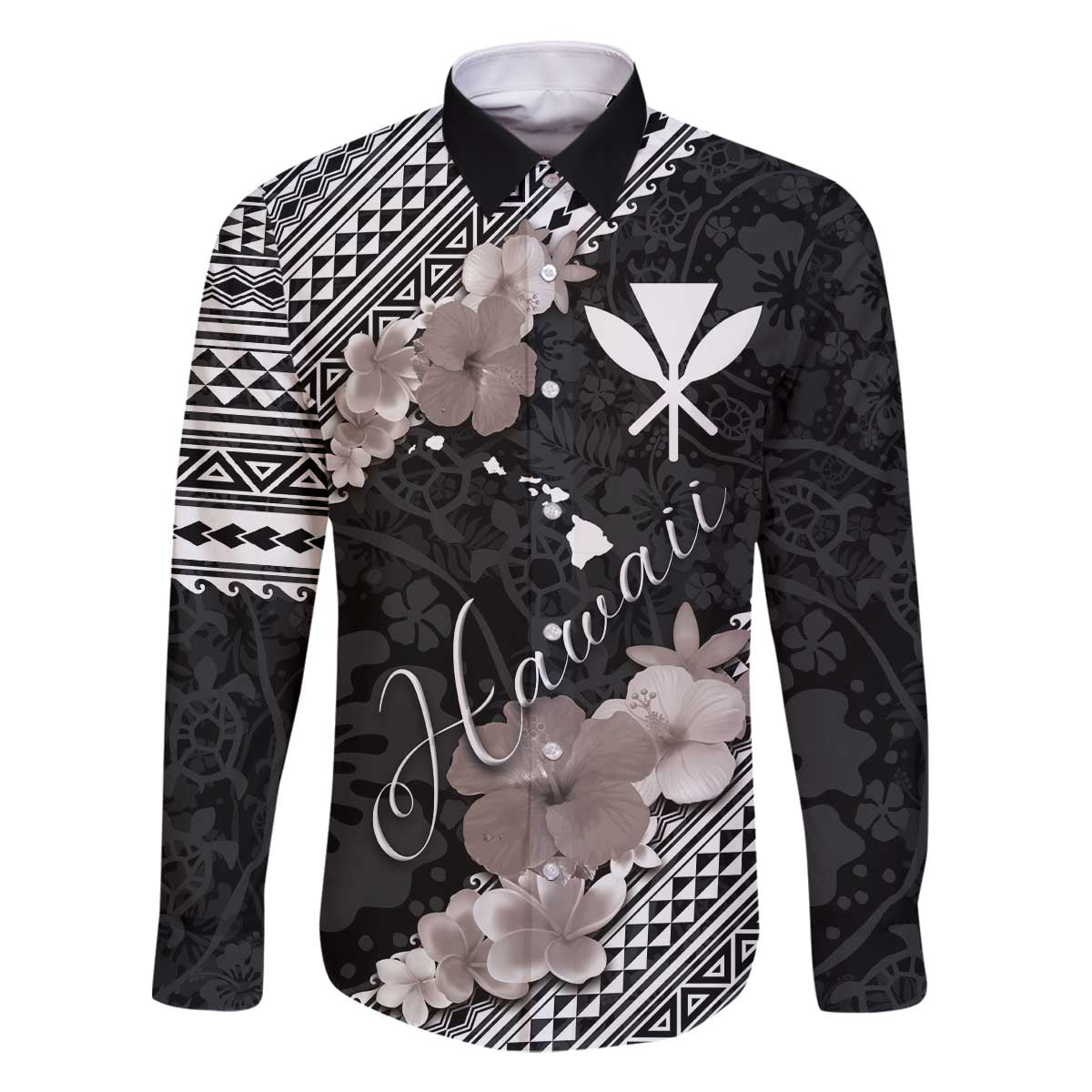 Aloha Hawaii Hibiscus and Plumeria Flowers Family Matching Off Shoulder Short Dress and Hawaiian Shirt Kanaka Maoli Tattoo Polynesian Pattern Gray Color LT03 Dad's Shirt - Long Sleeve Black - Polynesian Pride
