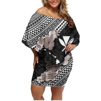 Aloha Hawaii Hibiscus and Plumeria Flowers Family Matching Off Shoulder Short Dress and Hawaiian Shirt Kanaka Maoli Tattoo Polynesian Pattern Gray Color LT03 Mom's Dress Black - Polynesian Pride