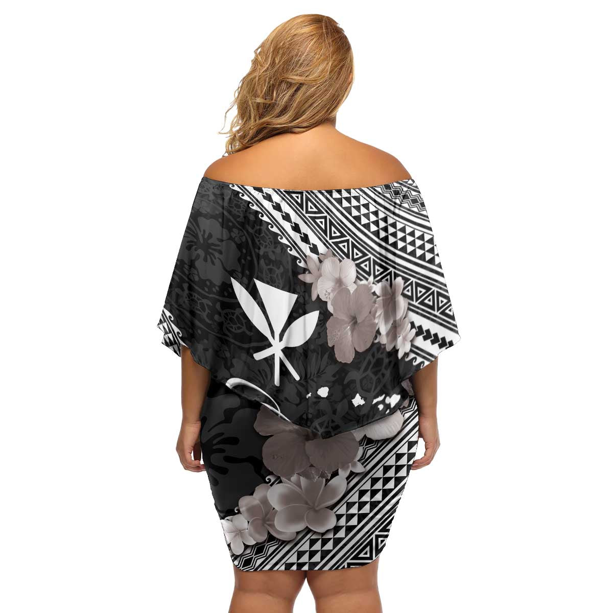 Aloha Hawaii Hibiscus and Plumeria Flowers Family Matching Off Shoulder Short Dress and Hawaiian Shirt Kanaka Maoli Tattoo Polynesian Pattern Gray Color LT03 - Polynesian Pride
