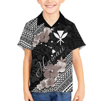 Aloha Hawaii Hibiscus and Plumeria Flowers Family Matching Off Shoulder Short Dress and Hawaiian Shirt Kanaka Maoli Tattoo Polynesian Pattern Gray Color LT03 Son's Shirt Black - Polynesian Pride