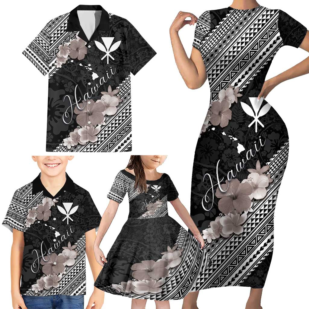 Aloha Hawaii Hibiscus and Plumeria Flowers Family Matching Short Sleeve Bodycon Dress and Hawaiian Shirt Kanaka Maoli Tattoo Polynesian Pattern Gray Color LT03 - Polynesian Pride