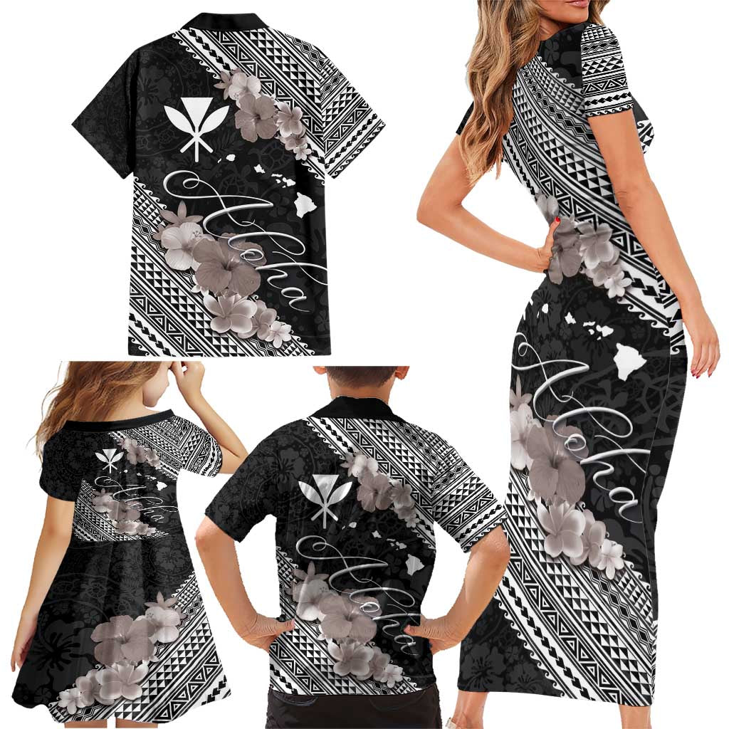 Aloha Hawaii Hibiscus and Plumeria Flowers Family Matching Short Sleeve Bodycon Dress and Hawaiian Shirt Kanaka Maoli Tattoo Polynesian Pattern Gray Color LT03 - Polynesian Pride