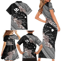 Aloha Hawaii Hibiscus and Plumeria Flowers Family Matching Short Sleeve Bodycon Dress and Hawaiian Shirt Kanaka Maoli Tattoo Polynesian Pattern Gray Color LT03 - Polynesian Pride