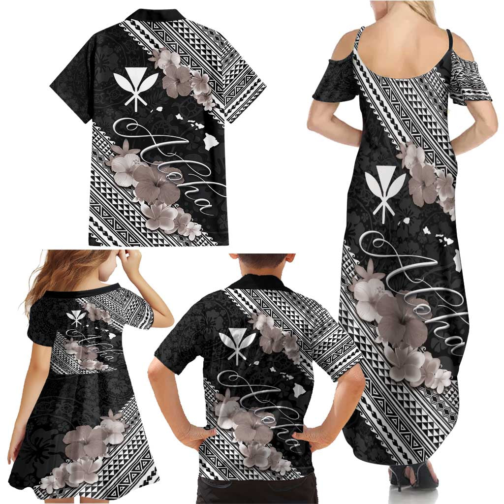 Aloha Hawaii Hibiscus and Plumeria Flowers Family Matching Summer Maxi Dress and Hawaiian Shirt Kanaka Maoli Tattoo Polynesian Pattern Gray Color LT03 - Polynesian Pride