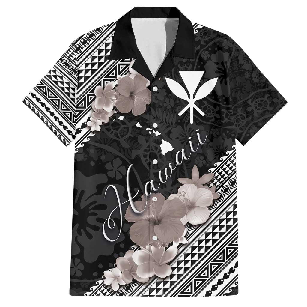 Aloha Hawaii Hibiscus and Plumeria Flowers Family Matching Summer Maxi Dress and Hawaiian Shirt Kanaka Maoli Tattoo Polynesian Pattern Gray Color LT03 Dad's Shirt - Short Sleeve Black - Polynesian Pride