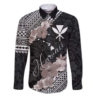 Aloha Hawaii Hibiscus and Plumeria Flowers Family Matching Summer Maxi Dress and Hawaiian Shirt Kanaka Maoli Tattoo Polynesian Pattern Gray Color LT03 Dad's Shirt - Long Sleeve Black - Polynesian Pride