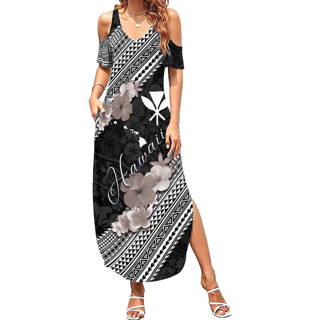 Aloha Hawaii Hibiscus and Plumeria Flowers Family Matching Summer Maxi Dress and Hawaiian Shirt Kanaka Maoli Tattoo Polynesian Pattern Gray Color LT03 Mom's Dress Black - Polynesian Pride