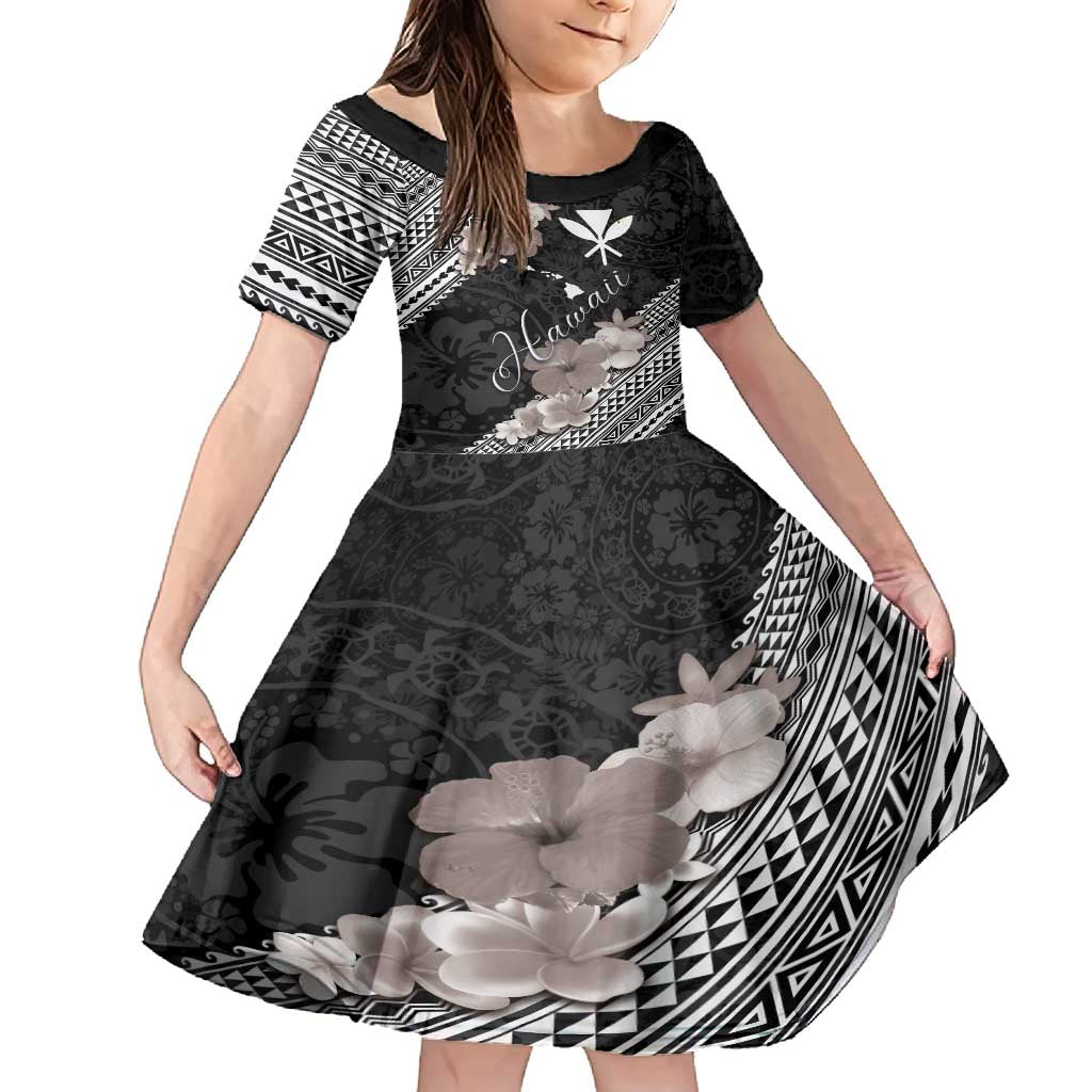 Aloha Hawaii Hibiscus and Plumeria Flowers Family Matching Tank Maxi Dress and Hawaiian Shirt Kanaka Maoli Tattoo Polynesian Pattern Gray Color LT03 Daughter's Dress Black - Polynesian Pride