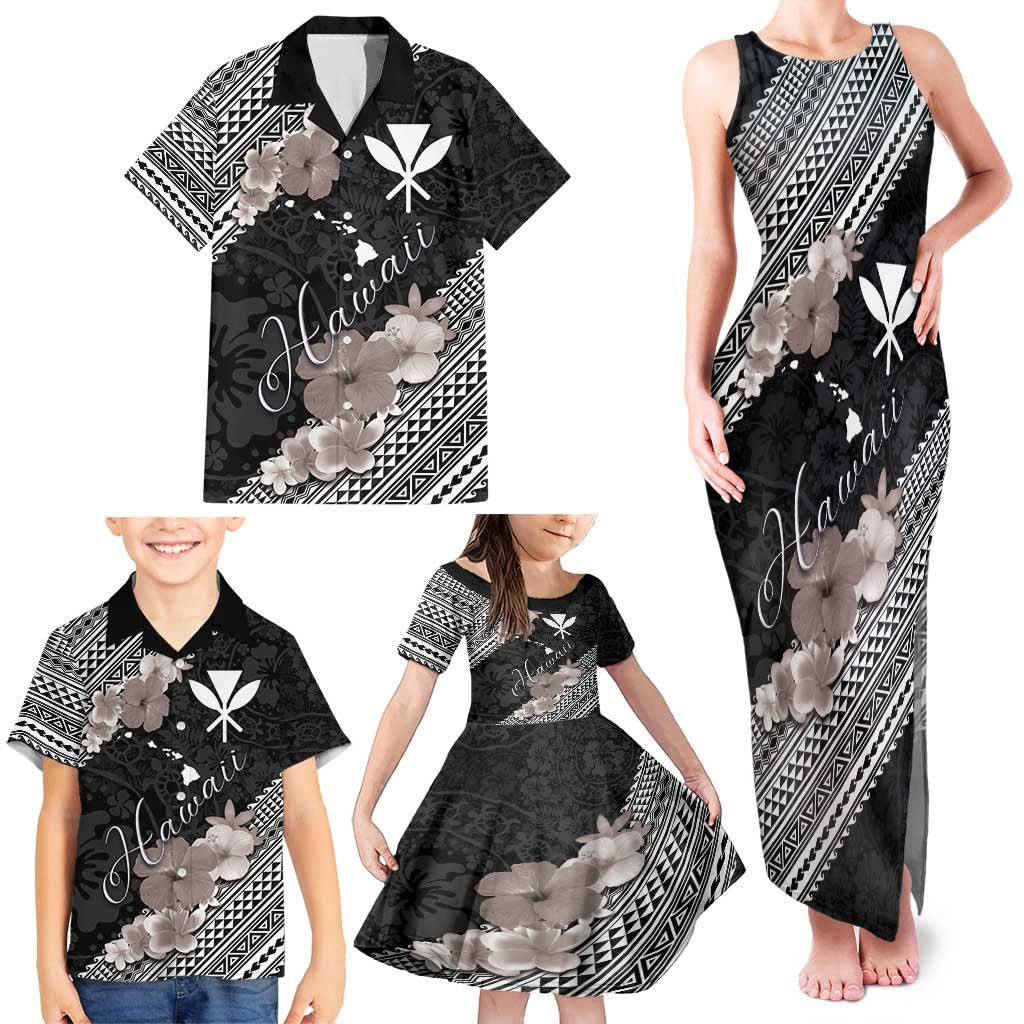 Aloha Hawaii Hibiscus and Plumeria Flowers Family Matching Tank Maxi Dress and Hawaiian Shirt Kanaka Maoli Tattoo Polynesian Pattern Gray Color LT03 - Polynesian Pride