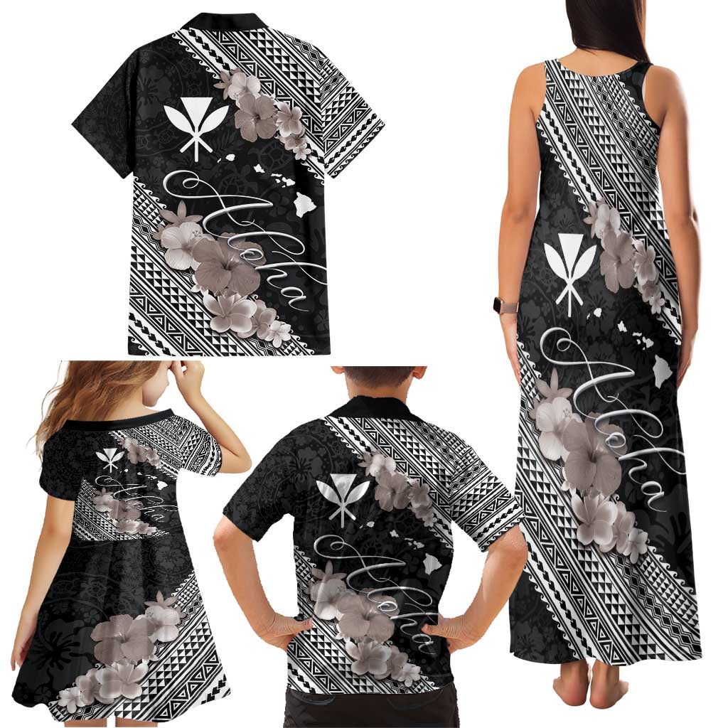 Aloha Hawaii Hibiscus and Plumeria Flowers Family Matching Tank Maxi Dress and Hawaiian Shirt Kanaka Maoli Tattoo Polynesian Pattern Gray Color LT03 - Polynesian Pride