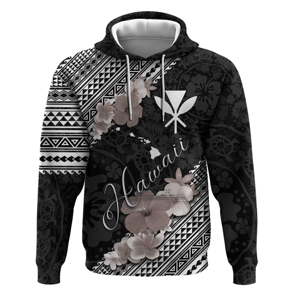 Aloha Hawaii Hibiscus and Plumeria Flowers Hoodie Kanaka Maoli Tattoo Polynesian Pattern Gray Color LT03 Pullover Hoodie Black - Polynesian Pride