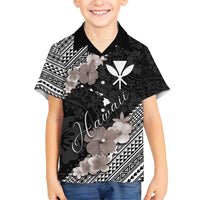 Aloha Hawaii Hibiscus and Plumeria Flowers Kid Hawaiian Shirt Kanaka Maoli Tattoo Polynesian Pattern Gray Color LT03 Kid Black - Polynesian Pride