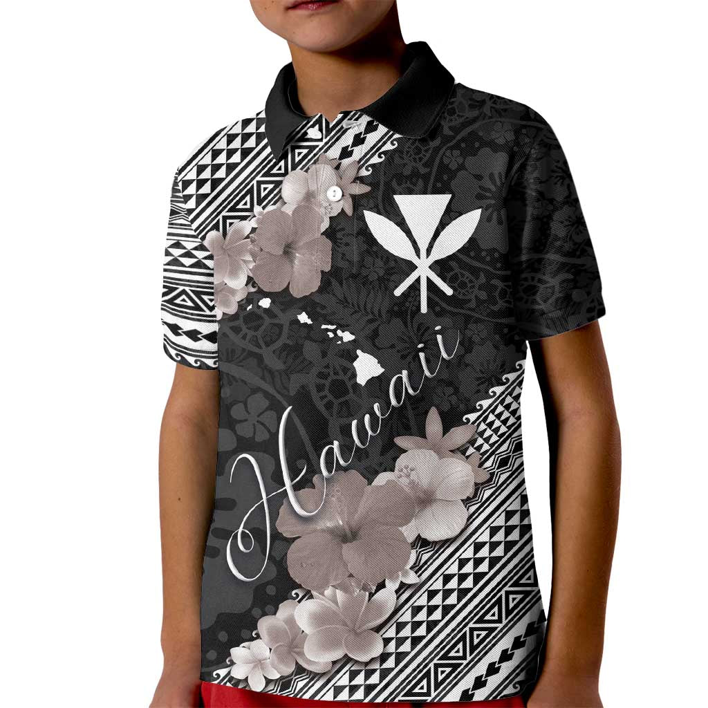 Aloha Hawaii Hibiscus and Plumeria Flowers Kid Polo Shirt Kanaka Maoli Tattoo Polynesian Pattern Gray Color LT03 Kid Black - Polynesian Pride