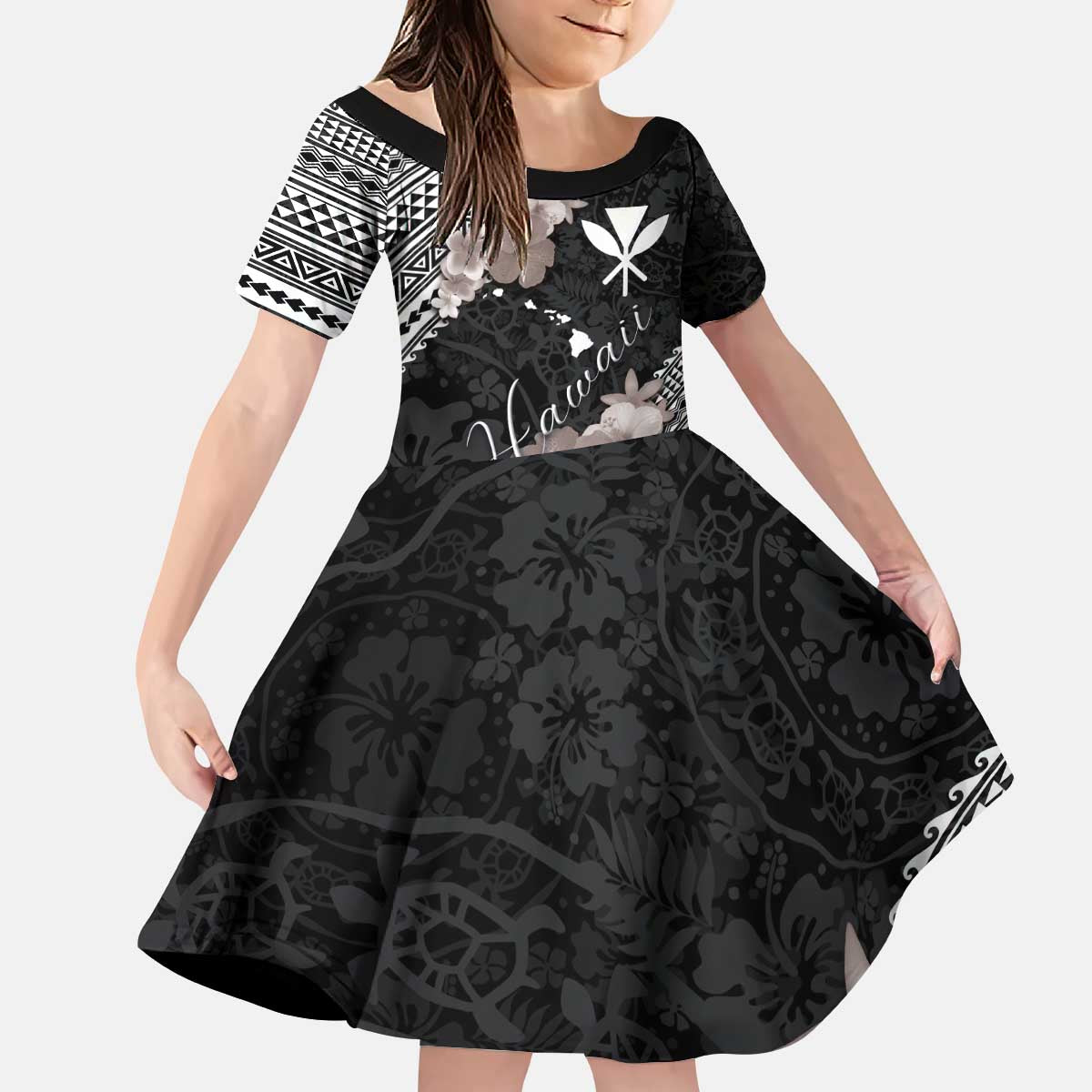 Aloha Hawaii Hibiscus and Plumeria Flowers Kid Short Sleeve Dress Kanaka Maoli Tattoo Polynesian Pattern Gray Color LT03 KID Black - Polynesian Pride