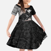Aloha Hawaii Hibiscus and Plumeria Flowers Kid Short Sleeve Dress Kanaka Maoli Tattoo Polynesian Pattern Gray Color LT03 KID Black - Polynesian Pride