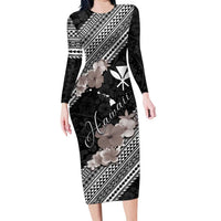 Aloha Hawaii Hibiscus and Plumeria Flowers Long Sleeve Bodycon Dress Kanaka Maoli Tattoo Polynesian Pattern Gray Color LT03 Long Dress Black - Polynesian Pride