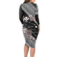 Aloha Hawaii Hibiscus and Plumeria Flowers Long Sleeve Bodycon Dress Kanaka Maoli Tattoo Polynesian Pattern Gray Color LT03 - Polynesian Pride