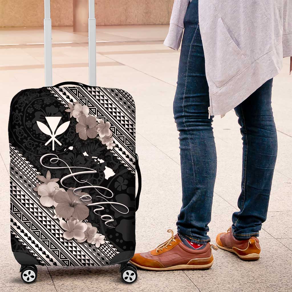 Aloha Hawaii Hibiscus and Plumeria Flowers Luggage Cover Kanaka Maoli Tattoo Polynesian Pattern Gray Color LT03 Black - Polynesian Pride