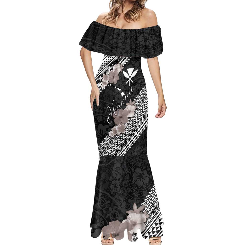 Aloha Hawaii Hibiscus and Plumeria Flowers Mermaid Dress Kanaka Maoli Tattoo Polynesian Pattern Gray Color LT03 - Polynesian Pride