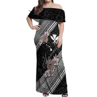 Aloha Hawaii Hibiscus and Plumeria Flowers Off Shoulder Maxi Dress Kanaka Maoli Tattoo Polynesian Pattern Gray Color LT03 Women Black - Polynesian Pride