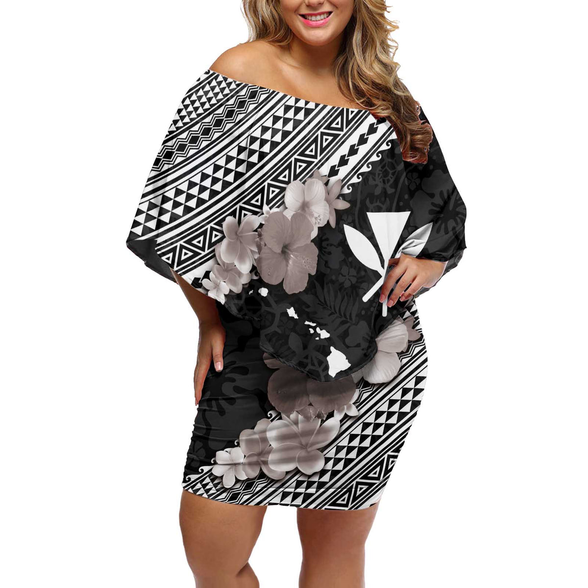Aloha Hawaii Hibiscus and Plumeria Flowers Off Shoulder Short Dress Kanaka Maoli Tattoo Polynesian Pattern Gray Color LT03 Women Black - Polynesian Pride