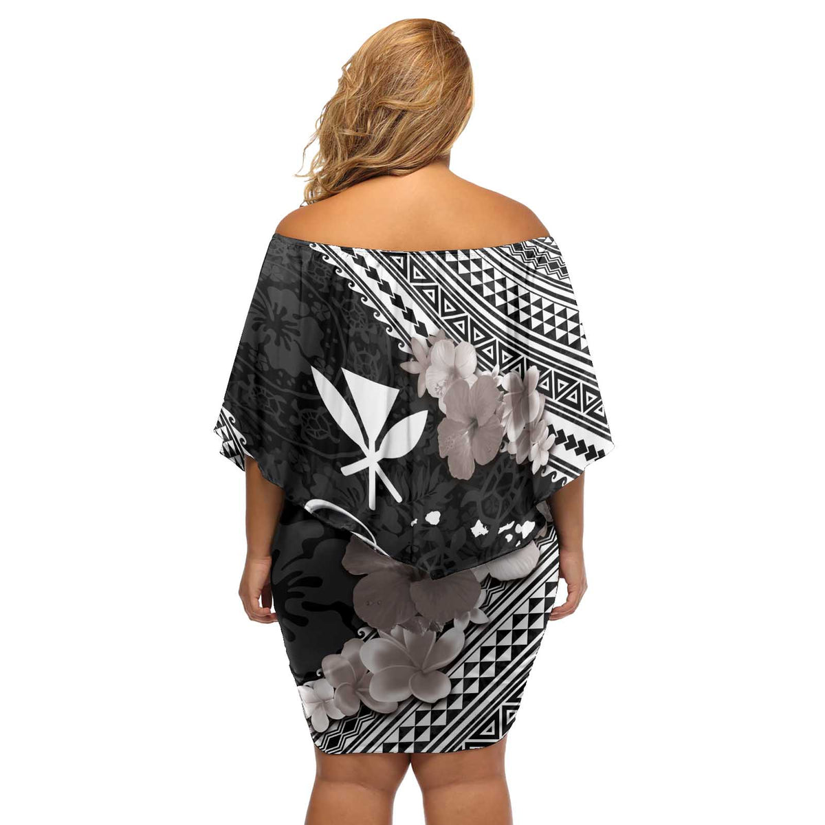 Aloha Hawaii Hibiscus and Plumeria Flowers Off Shoulder Short Dress Kanaka Maoli Tattoo Polynesian Pattern Gray Color LT03 - Polynesian Pride