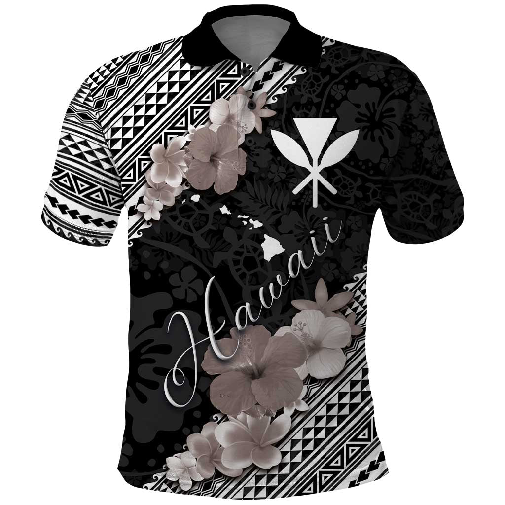 Aloha Hawaii Hibiscus and Plumeria Flowers Polo Shirt Kanaka Maoli Tattoo Polynesian Pattern Gray Color LT03 Black - Polynesian Pride