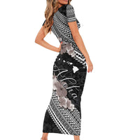 Aloha Hawaii Hibiscus and Plumeria Flowers Short Sleeve Bodycon Dress Kanaka Maoli Tattoo Polynesian Pattern Gray Color LT03 - Polynesian Pride