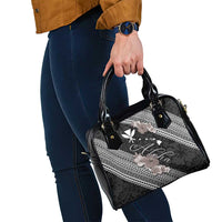 Aloha Hawaii Hibiscus and Plumeria Flowers Shoulder Handbag Kanaka Maoli Tattoo Polynesian Pattern Gray Color