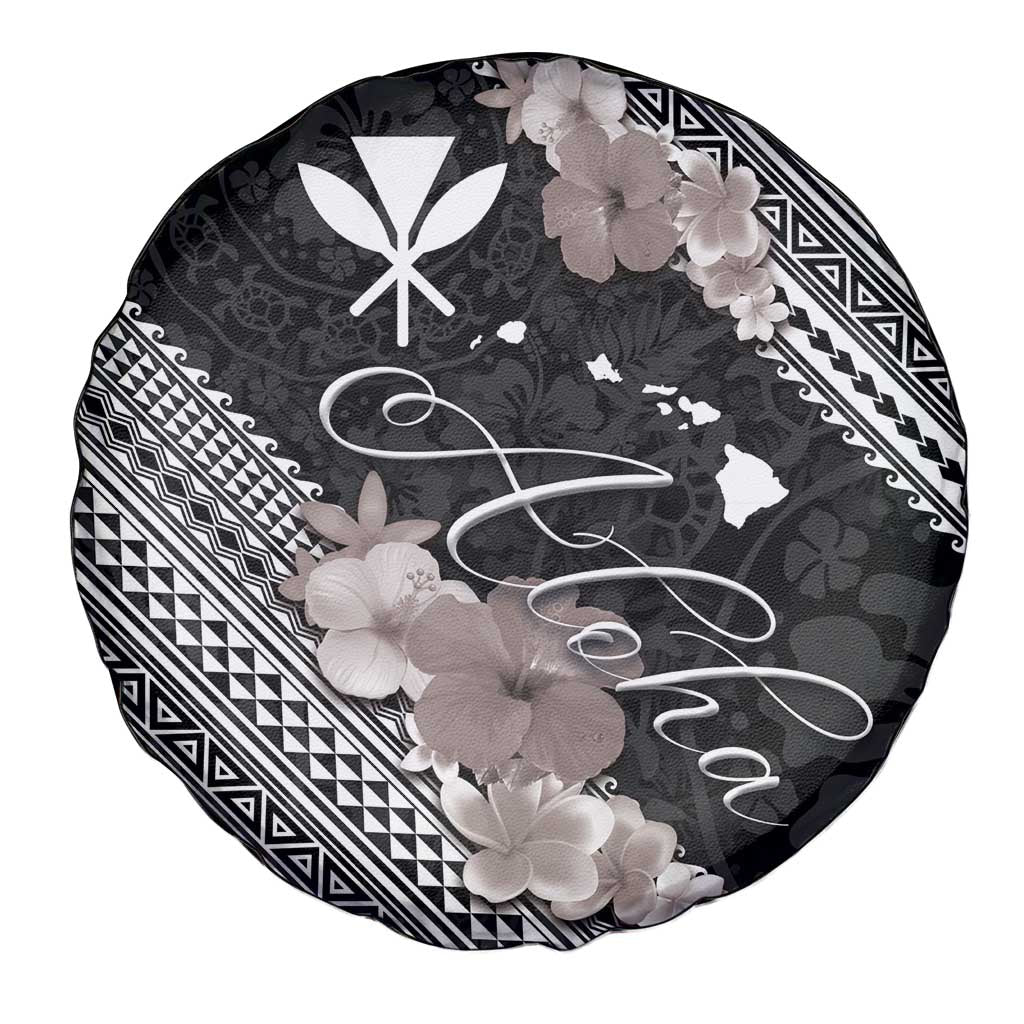 Aloha Hawaii Hibiscus and Plumeria Flowers Spare Tire Cover Kanaka Maoli Tattoo Polynesian Pattern Gray Color LT03 - Polynesian Pride