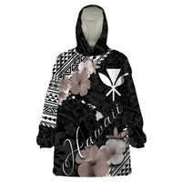 Aloha Hawaii Hibiscus and Plumeria Flowers Wearable Blanket Hoodie Kanaka Maoli Tattoo Polynesian Pattern Gray Color LT03 One Size Black - Polynesian Pride