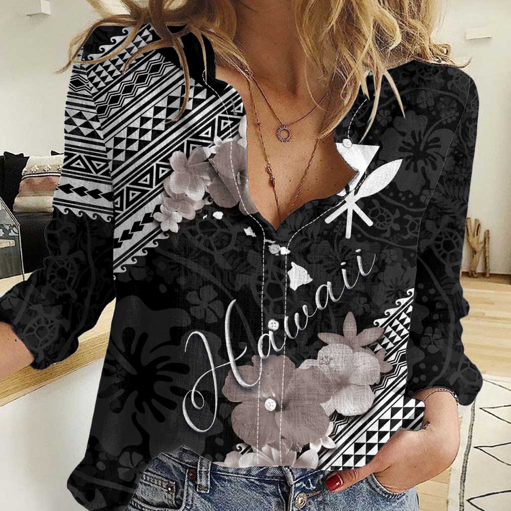 Aloha Hawaii Hibiscus and Plumeria Flowers Women Casual Shirt Kanaka Maoli Tattoo Polynesian Pattern Gray Color LT03 Female Black - Polynesian Pride