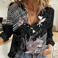 Aloha Hawaii Hibiscus and Plumeria Flowers Women Casual Shirt Kanaka Maoli Tattoo Polynesian Pattern Gray Color LT03 Female Black - Polynesian Pride