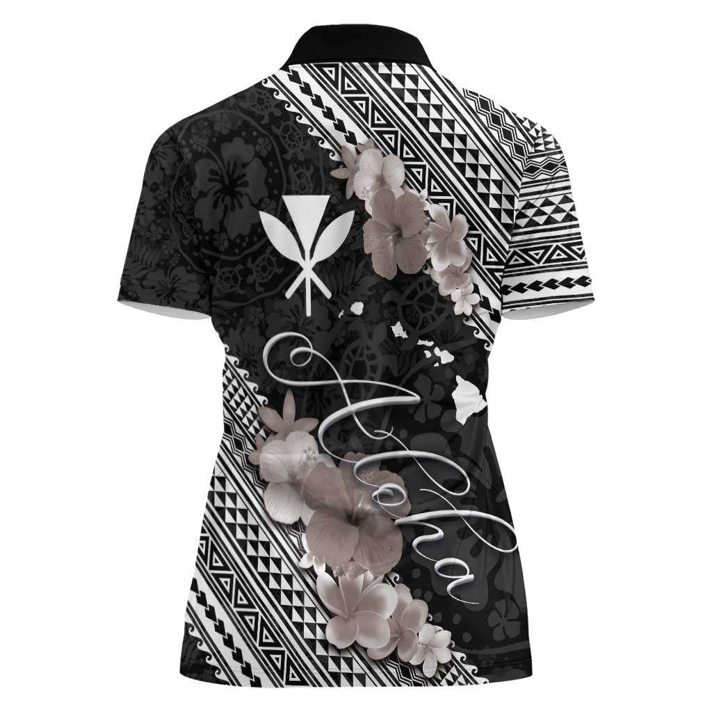 Aloha Hawaii Hibiscus and Plumeria Flowers Women Polo Shirt Kanaka Maoli Tattoo Polynesian Pattern Gray Color LT03 - Polynesian Pride