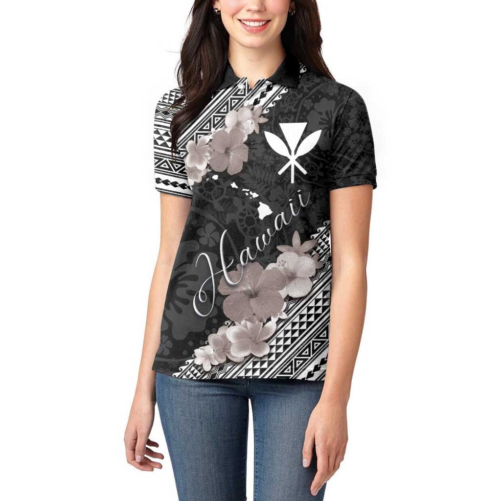 Aloha Hawaii Hibiscus and Plumeria Flowers Women Polo Shirt Kanaka Maoli Tattoo Polynesian Pattern Gray Color LT03 - Polynesian Pride