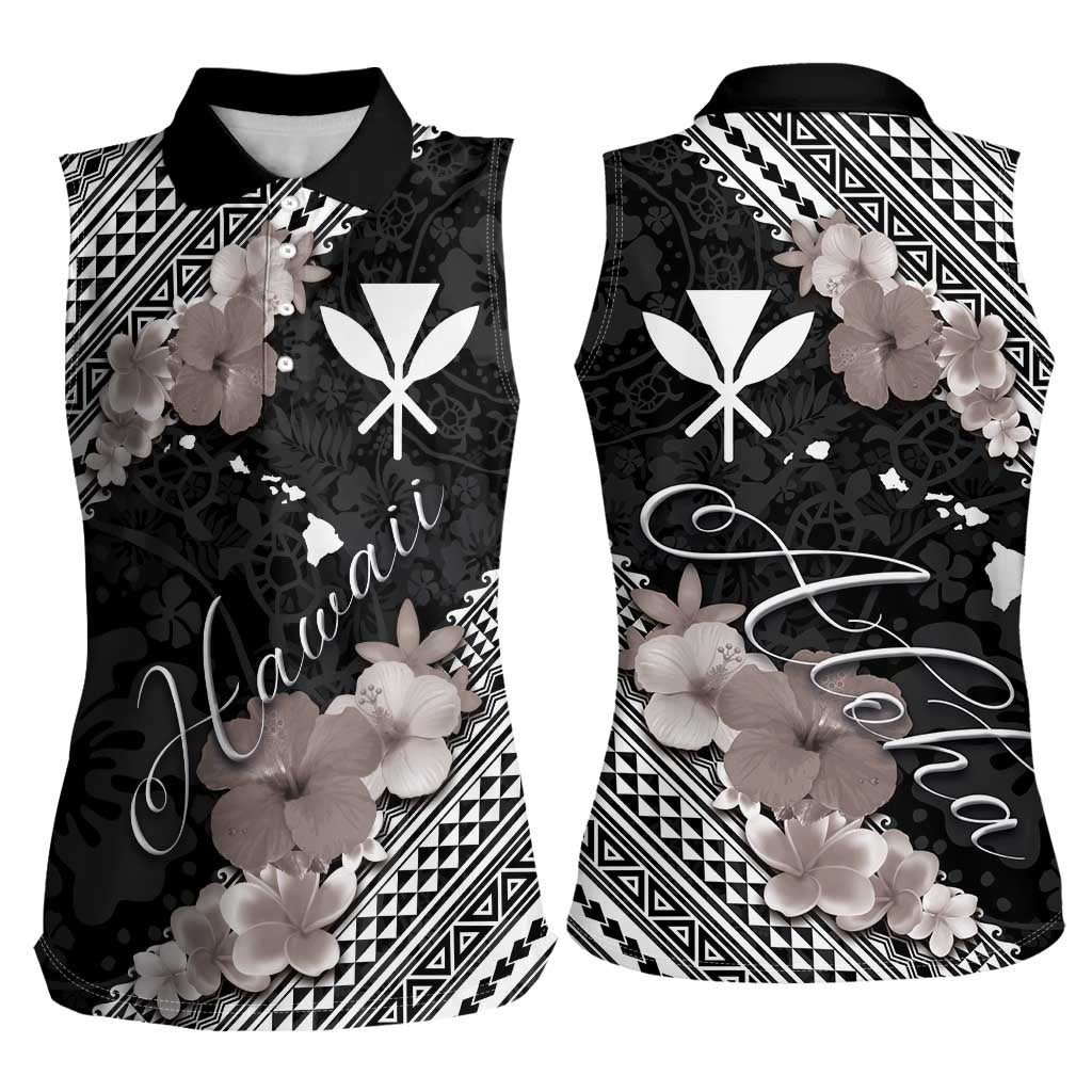 Aloha Hawaii Hibiscus and Plumeria Flowers Women Sleeveless Polo Shirt Kanaka Maoli Tattoo Polynesian Pattern Gray Color LT03 - Polynesian Pride