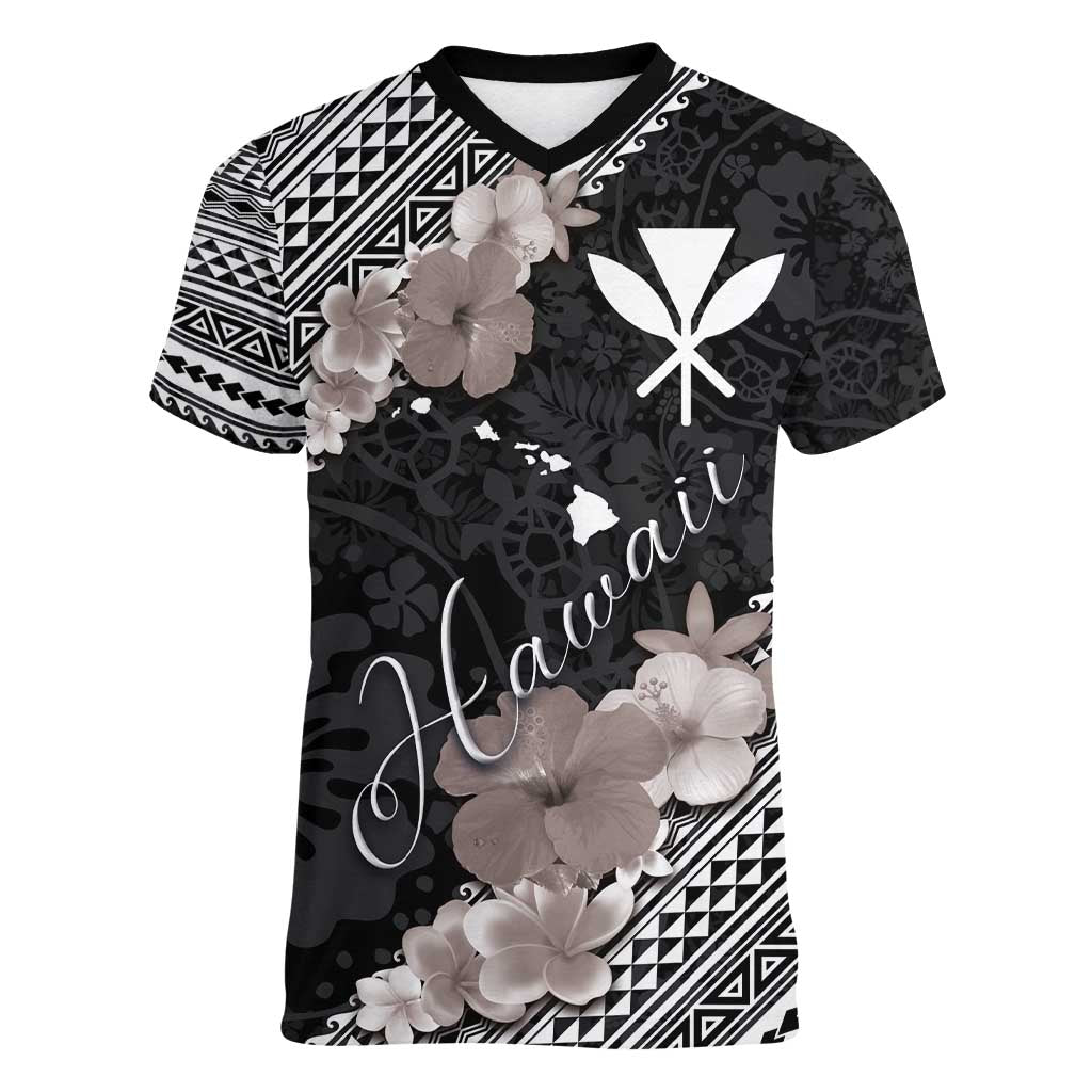 Aloha Hawaii Hibiscus and Plumeria Flowers Women V-Neck T-Shirt Kanaka Maoli Tattoo Polynesian Pattern Gray Color LT03 Female Black - Polynesian Pride