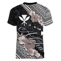 Aloha Hawaii Hibiscus and Plumeria Flowers Women V-Neck T-Shirt Kanaka Maoli Tattoo Polynesian Pattern Gray Color LT03 - Polynesian Pride