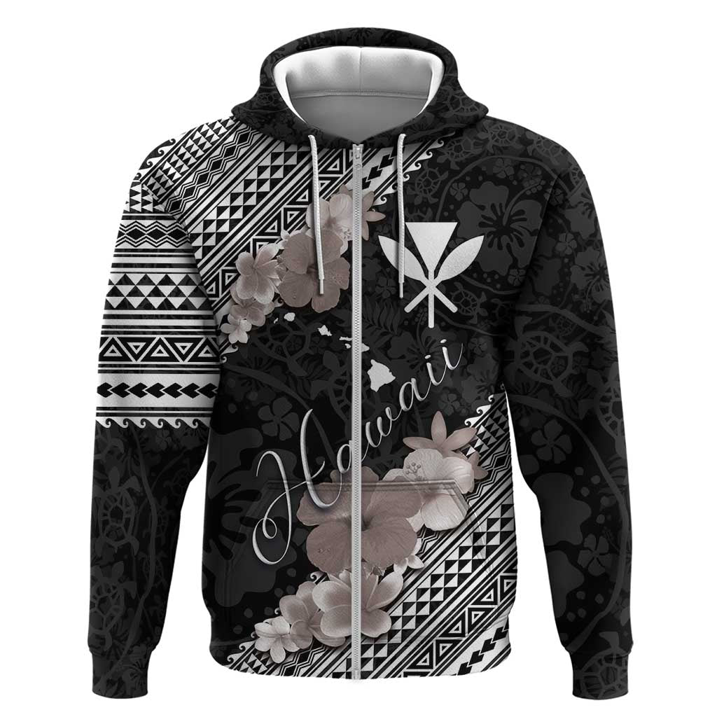 Aloha Hawaii Hibiscus and Plumeria Flowers Zip Hoodie Kanaka Maoli Tattoo Polynesian Pattern Gray Color LT03 Zip Hoodie Black - Polynesian Pride