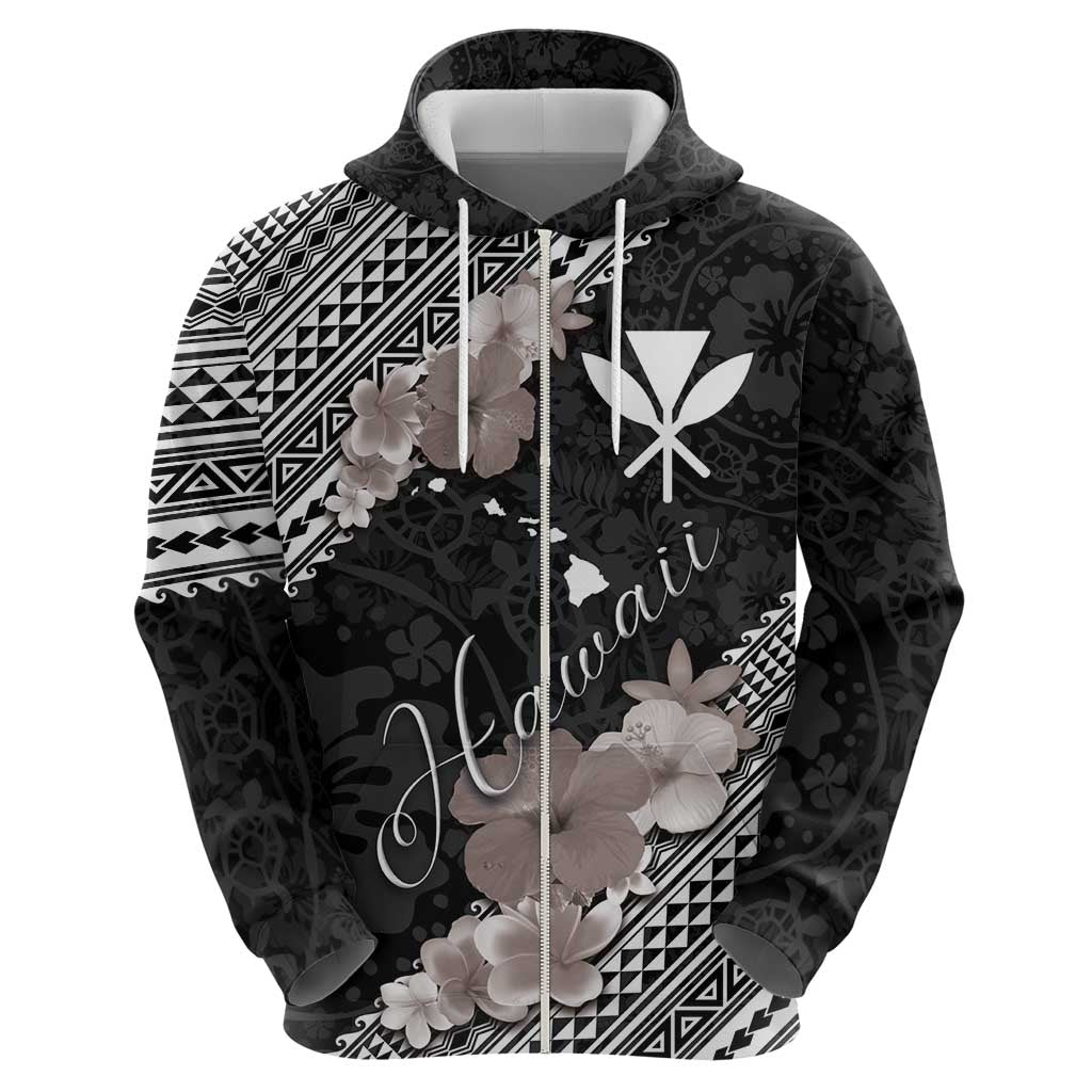 Aloha Hawaii Hibiscus and Plumeria Flowers Zip Hoodie Kanaka Maoli Tattoo Polynesian Pattern Gray Color LT03 - Polynesian Pride