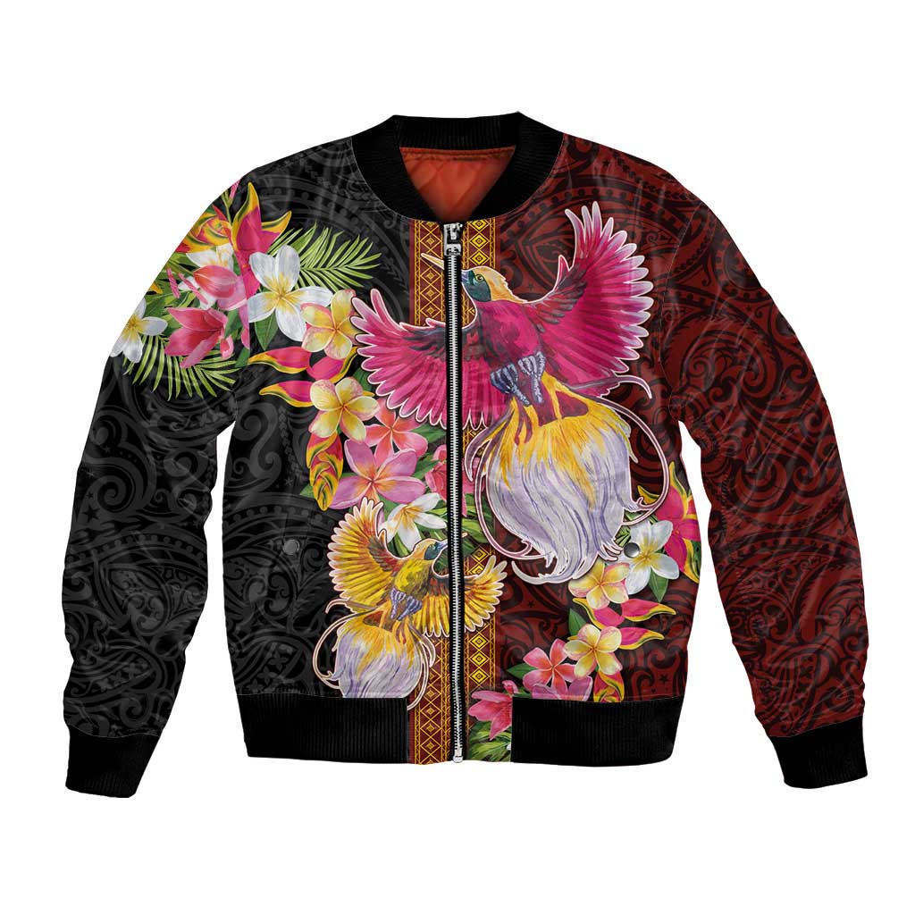 Papua New Guinea Birds and Frangipani Bomber Jacket Melanesian Art Tattoos LT03 Unisex Black - Polynesian Pride