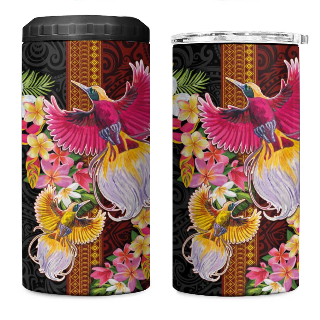 Papua New Guinea Birds and Frangipani 4 in 1 Can Cooler Tumbler Melanesian Art Tattoos LT03 One Size: 16 oz Black - Polynesian Pride
