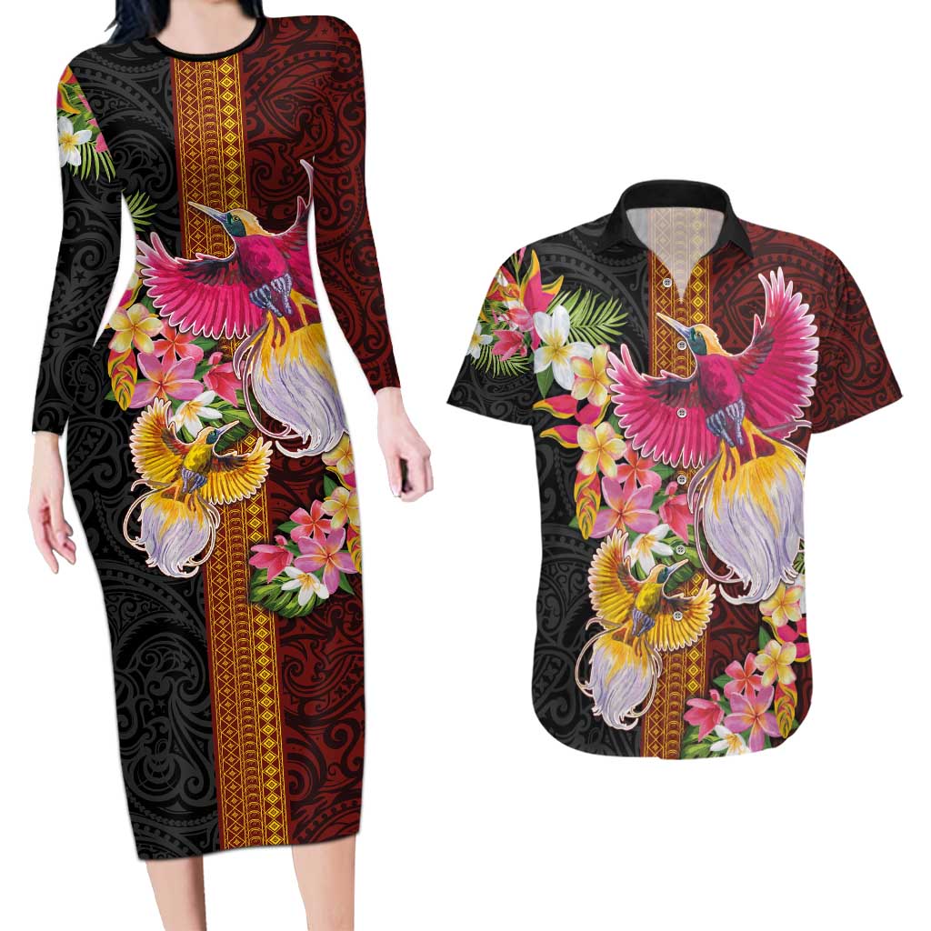 Papua New Guinea Birds and Frangipani Couples Matching Long Sleeve Bodycon Dress and Hawaiian Shirt Melanesian Art Tattoos LT03 Black - Polynesian Pride