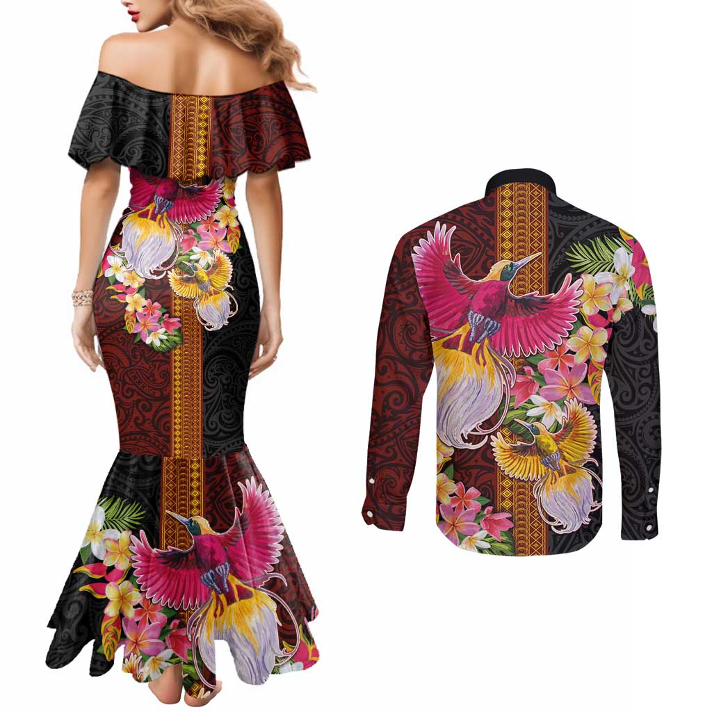 Papua New Guinea Birds and Frangipani Couples Matching Mermaid Dress and Long Sleeve Button Shirt Melanesian Art Tattoos LT03 - Polynesian Pride