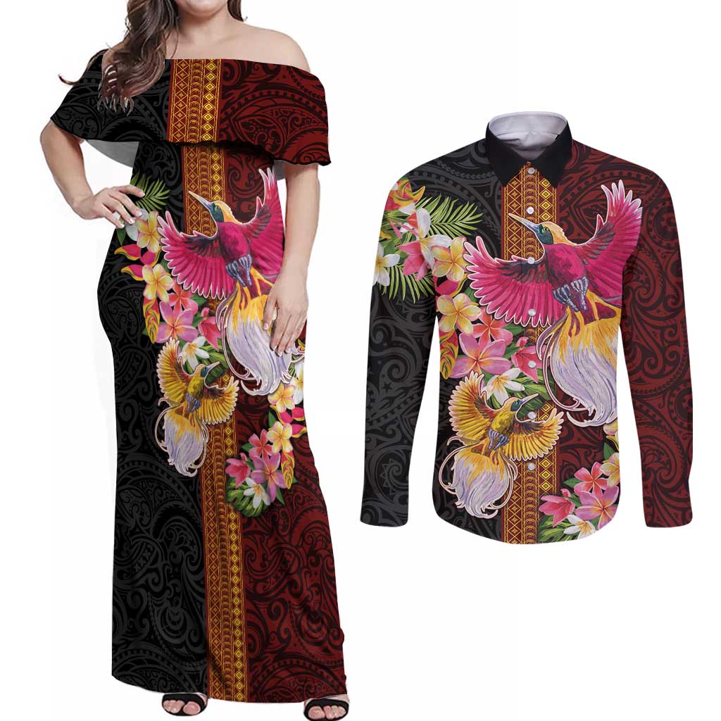 Papua New Guinea Birds and Frangipani Couples Matching Off Shoulder Maxi Dress and Long Sleeve Button Shirt Melanesian Art Tattoos LT03 Black - Polynesian Pride