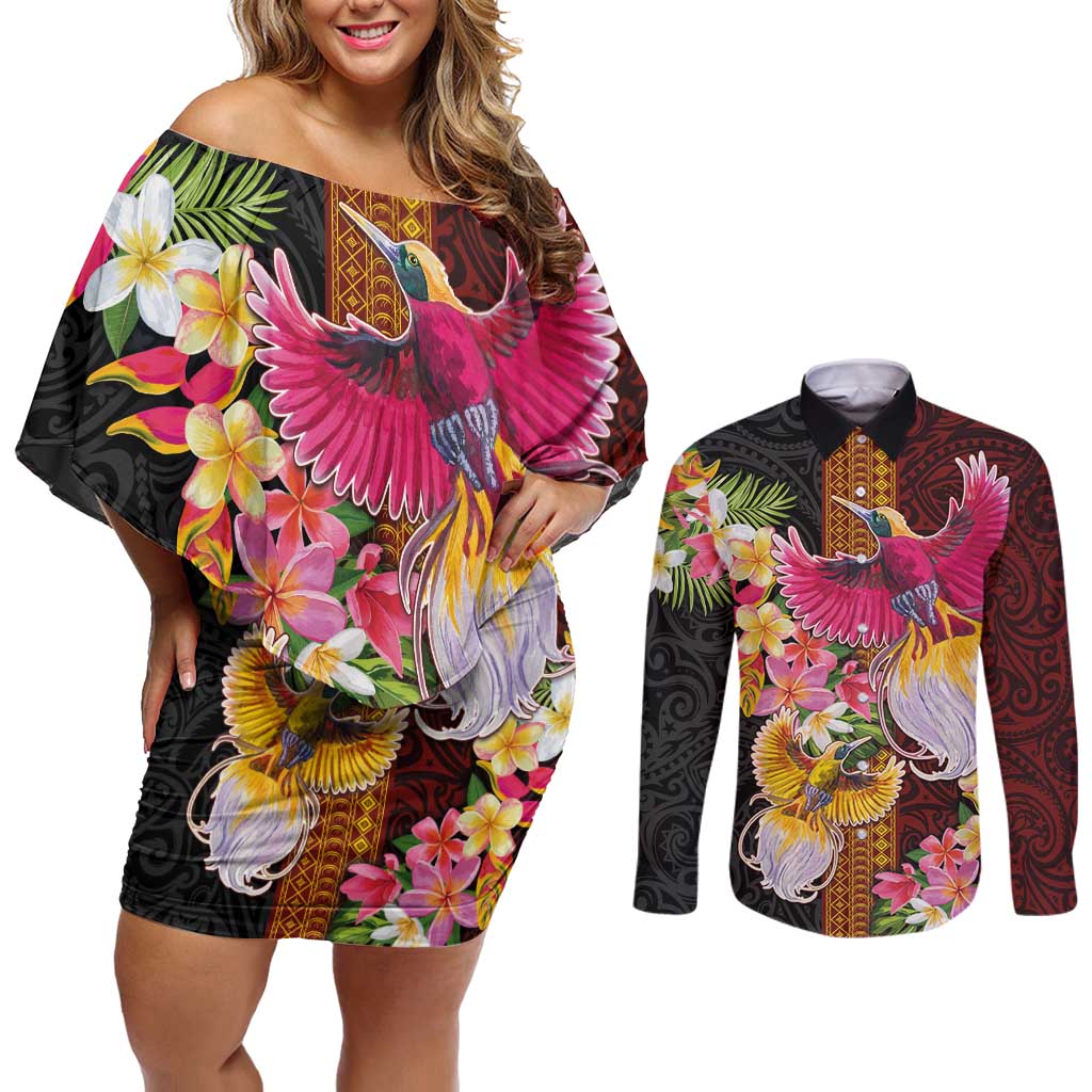Papua New Guinea Birds and Frangipani Couples Matching Off Shoulder Short Dress and Long Sleeve Button Shirt Melanesian Art Tattoos LT03 Black - Polynesian Pride
