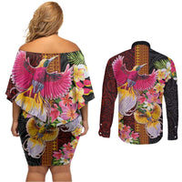 Papua New Guinea Birds and Frangipani Couples Matching Off Shoulder Short Dress and Long Sleeve Button Shirt Melanesian Art Tattoos LT03 - Polynesian Pride
