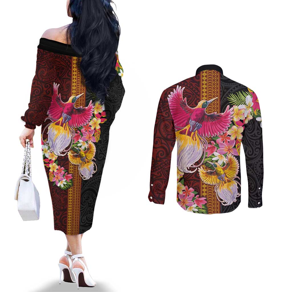 Papua New Guinea Birds and Frangipani Couples Matching Off The Shoulder Long Sleeve Dress and Long Sleeve Button Shirt Melanesian Art Tattoos LT03 - Polynesian Pride