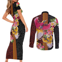 Papua New Guinea Birds and Frangipani Couples Matching Short Sleeve Bodycon Dress and Long Sleeve Button Shirt Melanesian Art Tattoos LT03 - Polynesian Pride
