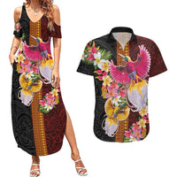 Papua New Guinea Birds and Frangipani Couples Matching Summer Maxi Dress and Hawaiian Shirt Melanesian Art Tattoos LT03 Black - Polynesian Pride